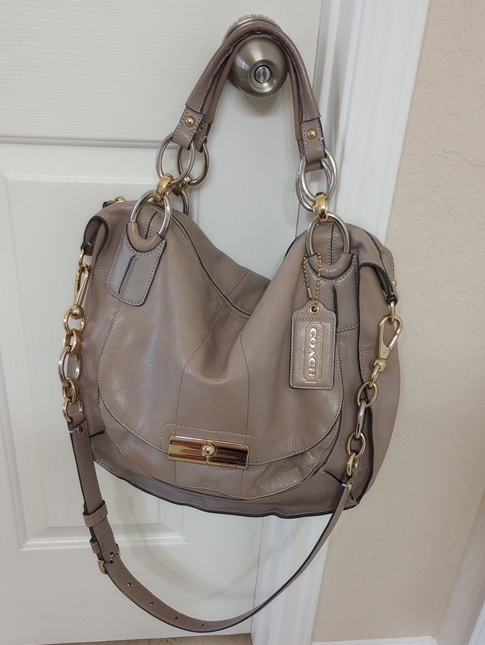 Coach Taupe Leather Hobo Bag with Gold Hardware